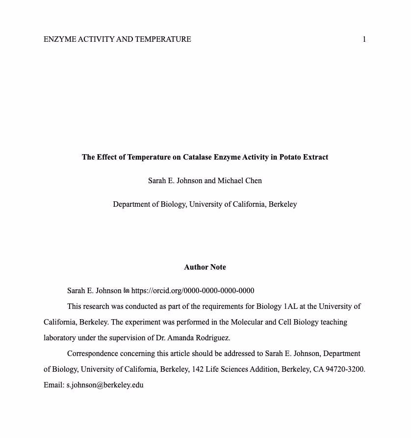 APA Format for The First Page of a Lab Report